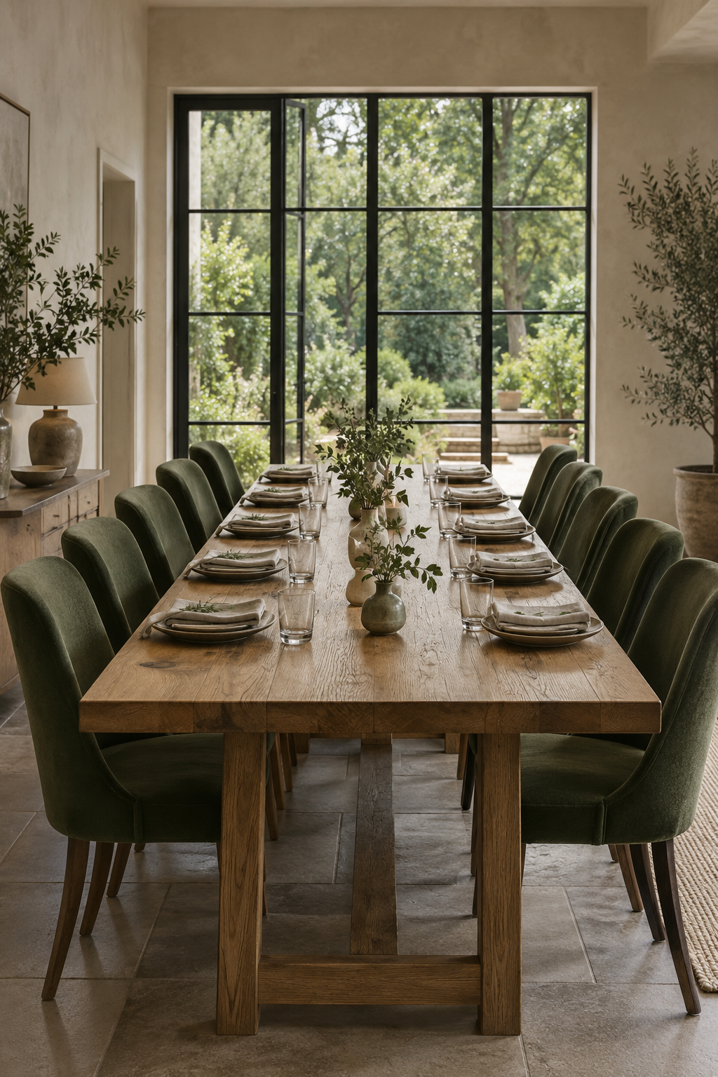 A thoughtfully set private dining table in a contemporary countryside venue overlooking a green garden